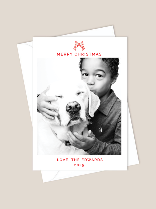 Merry Christmas card with red and white bow 