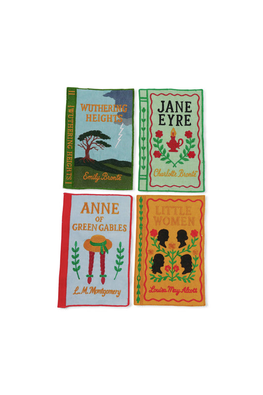 Four book covers of 'Wuthering Heights', 'Jane Eyre', 'Anne of Green Gables', and 'Little Women' on a white background.