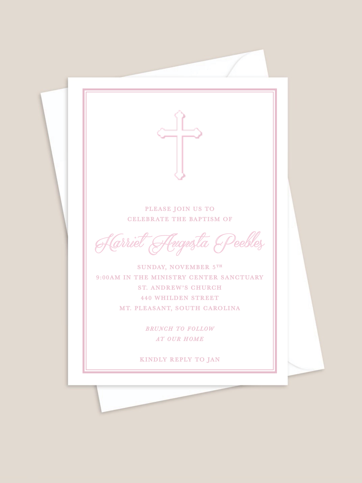 Pink Cross Baptism Invitation