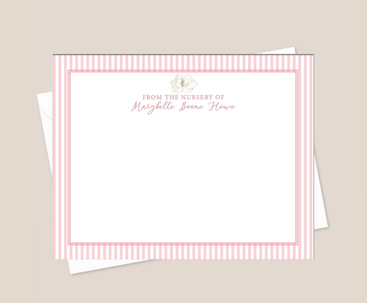 Magnolia & Pink Striped Border Nursery Stationery