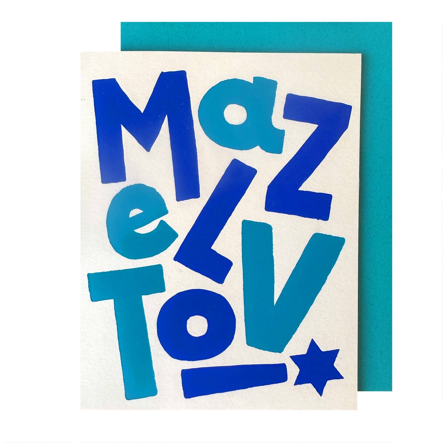 Greeting card with 'Mazel Tov' text in blue on a white background