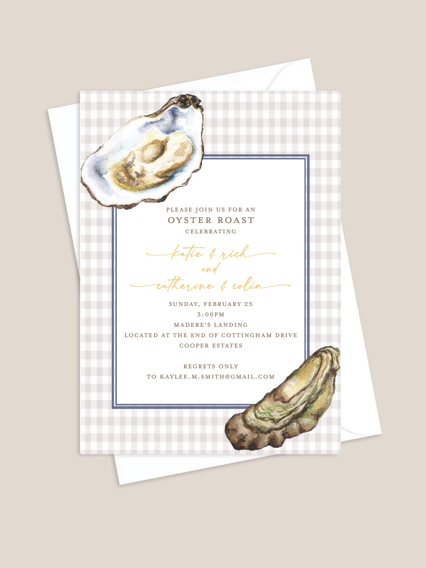Gingham Oyster Roast Engagement Party Invitation