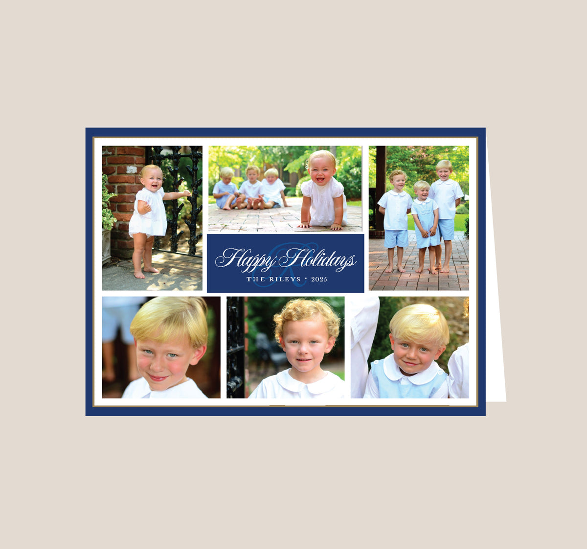 Photo Collage Navy & Gold Folded Holiday Card