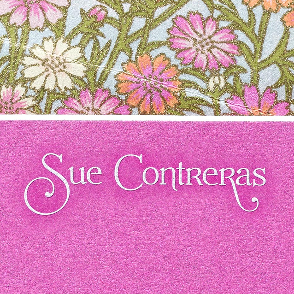 pink notecard with white font