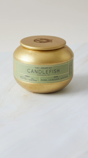 Rose, Lavender, Leather Candlefish No. 40 Gold Tin Candle