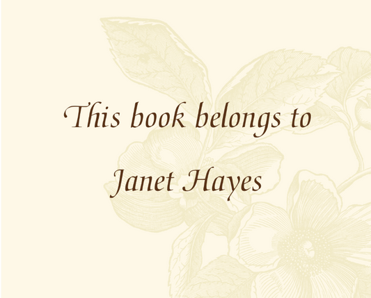 Calling card with 'This book belongs to Janet Hayes' text on a floral design background
