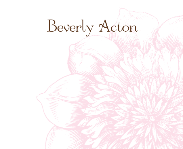 Pink floral design with 'Beverly Acton' text on a white background