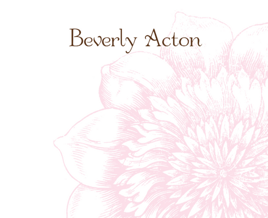 Pink floral design with 'Beverly Acton' text on a white background
