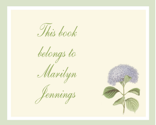 Bookplate with floral design and text 'This book belongs to Marilyn Jennings' on a light green background