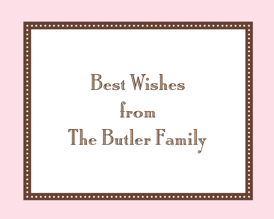 Greeting card with 'Best Wishes from The Butler Family' text on a pink background