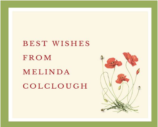 Greeting card with red poppies and 'Best Wishes from Melinda Colclough' text on a beige background.