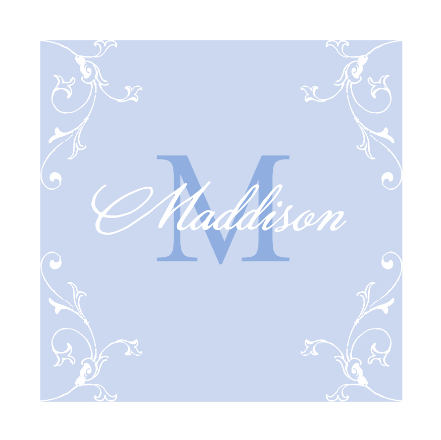 Light blue background with decorative white flourishes and the name 'Maddison' in a stylized font.