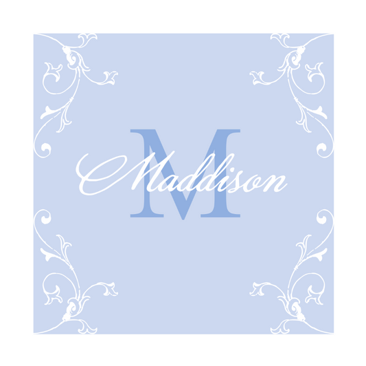 Light blue background with decorative white flourishes and the name 'Maddison' in a stylized font.