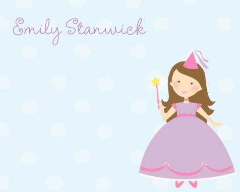 Illustration of a girl in a princess dress with a wand and party hat on a light blue background, featuring the name Emily Stanwick.