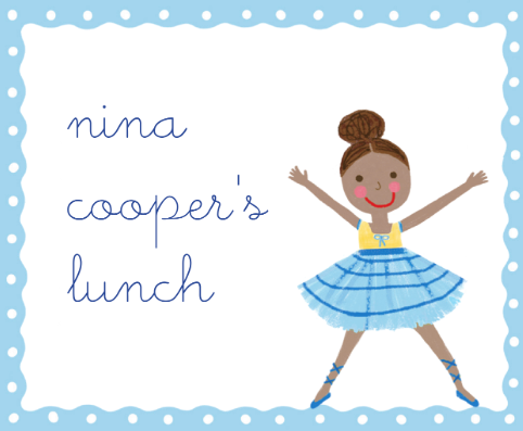 Lunchbox design with a ballerina illustration and text 'nina cooper’s lunch' on a blue polka dot background.