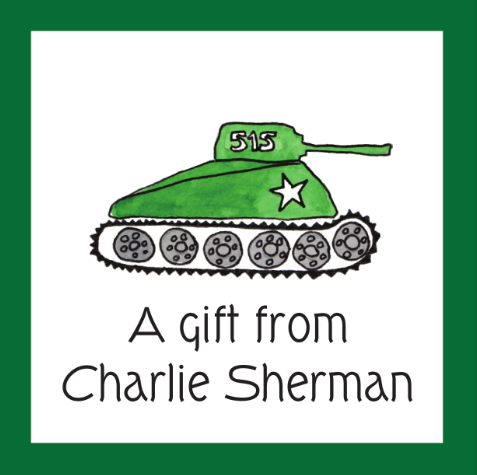 Green tank illustration with '515' and a star on a white background, labeled 'A gift from Charlie Sherman'.