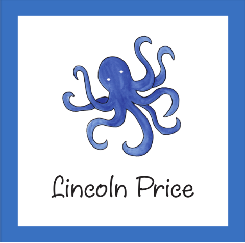 Blue octopus illustration with 'Lincoln Price' text on a white background