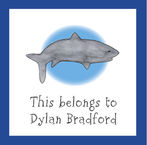 Shark illustration with 'This belongs to Dylan Bradford' text on a blue border