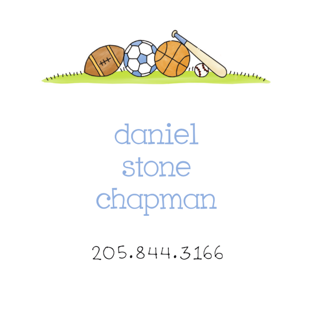 Personalized address label with sports-themed design and name and phone number.