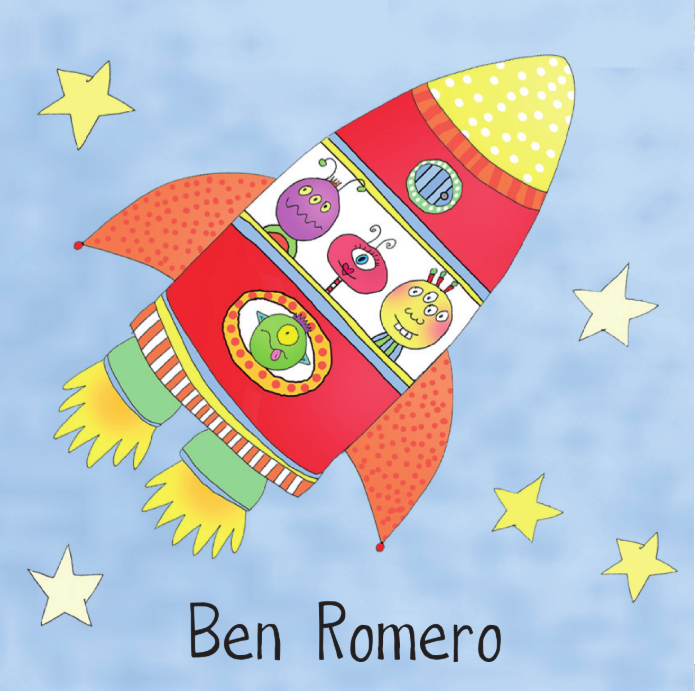 Colorful cartoon rocket ship with stars on a blue background, featuring the name Ben Romero.