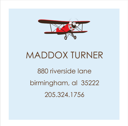 Business card with a red airplane illustration on a light blue background