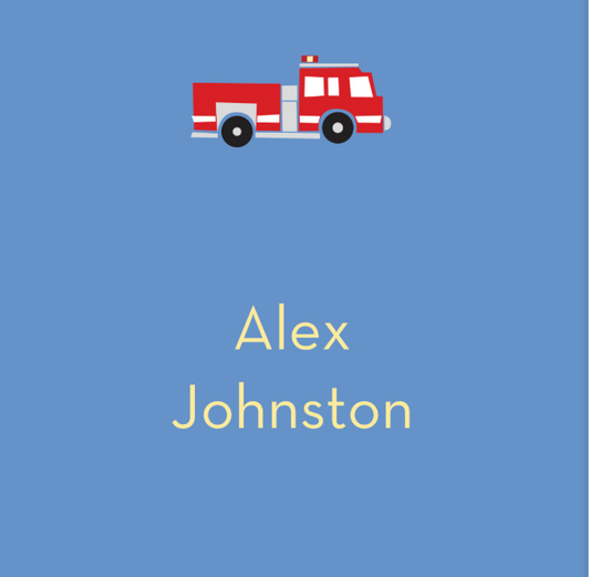 Red fire truck on a blue background with 'Alex Johnston' text