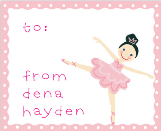Card with a ballerina illustration and text 'to: from dena hayden' on a pink polka dot border.