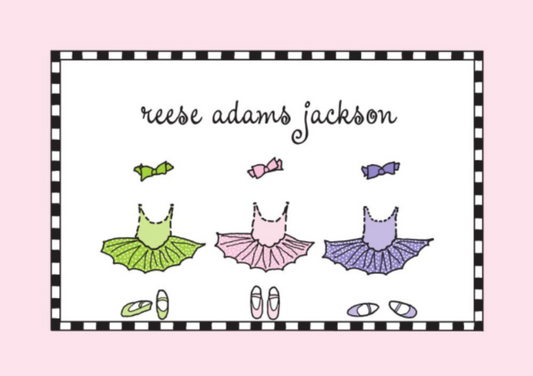 Illustrations of ballet costumes and accessories with 'reese adams jackson' text on a pink background