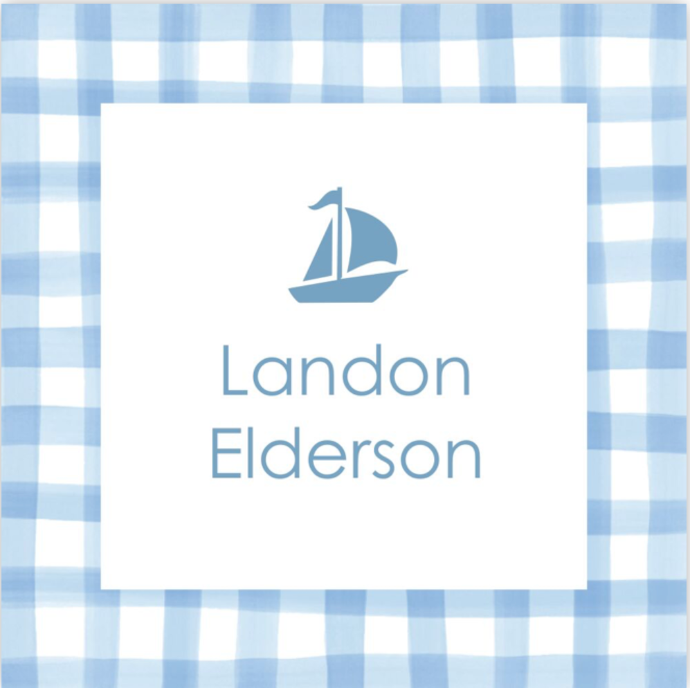 Nameplate with sailboat icon on a blue and white checkered background