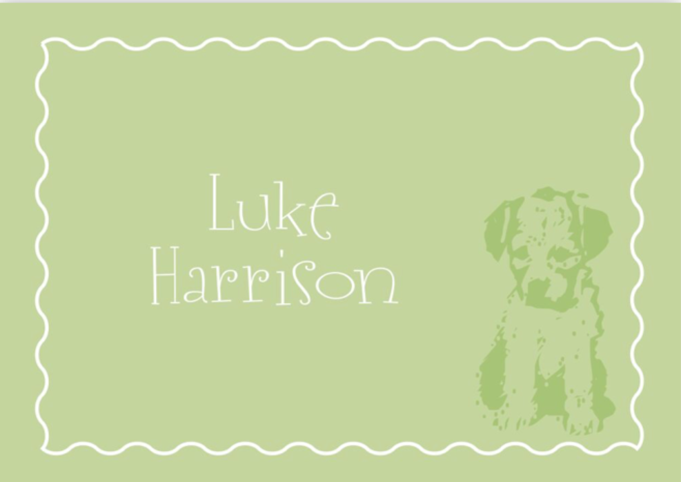 A playful green calling card featuring a fun white squiggle border and a small dog illustration for a cute, lighthearted touch.