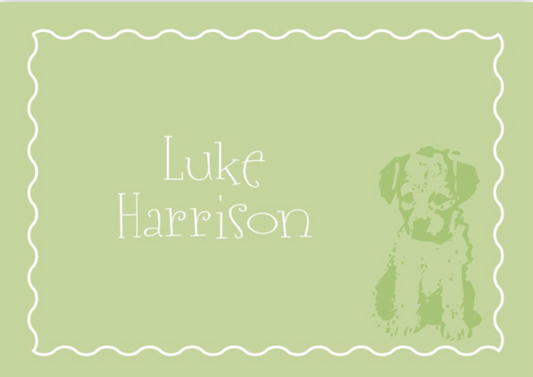 A playful green calling card featuring a fun white squiggle border and a small dog illustration for a cute, lighthearted touch.