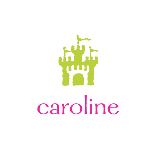 Logo with a green castle and pink 'caroline' text on a white background