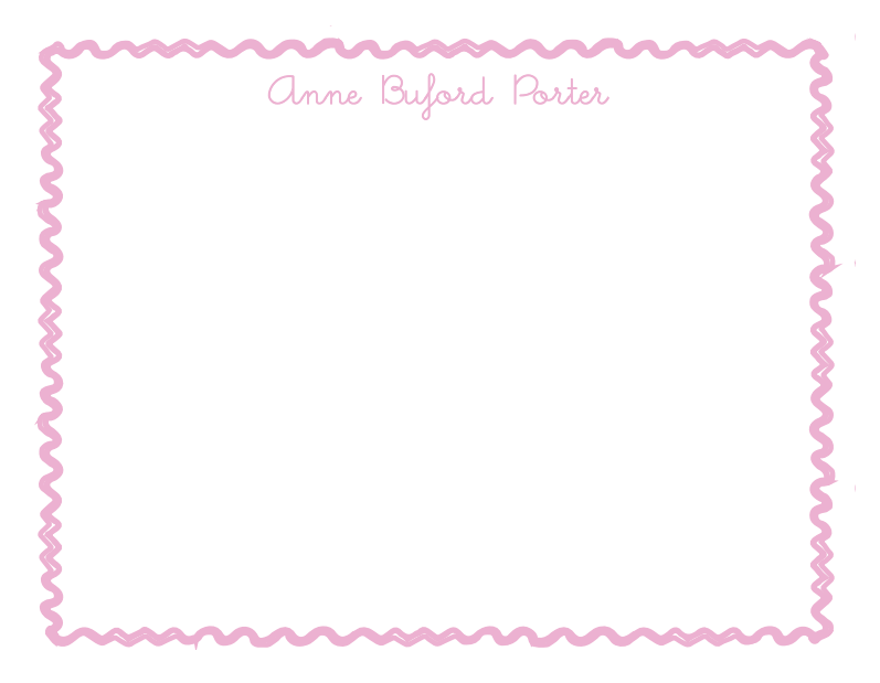Nameplate with a pink zigzag border and text on a white background