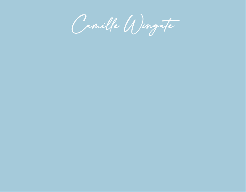 Light blue background with 'Camille Wingate' text in white