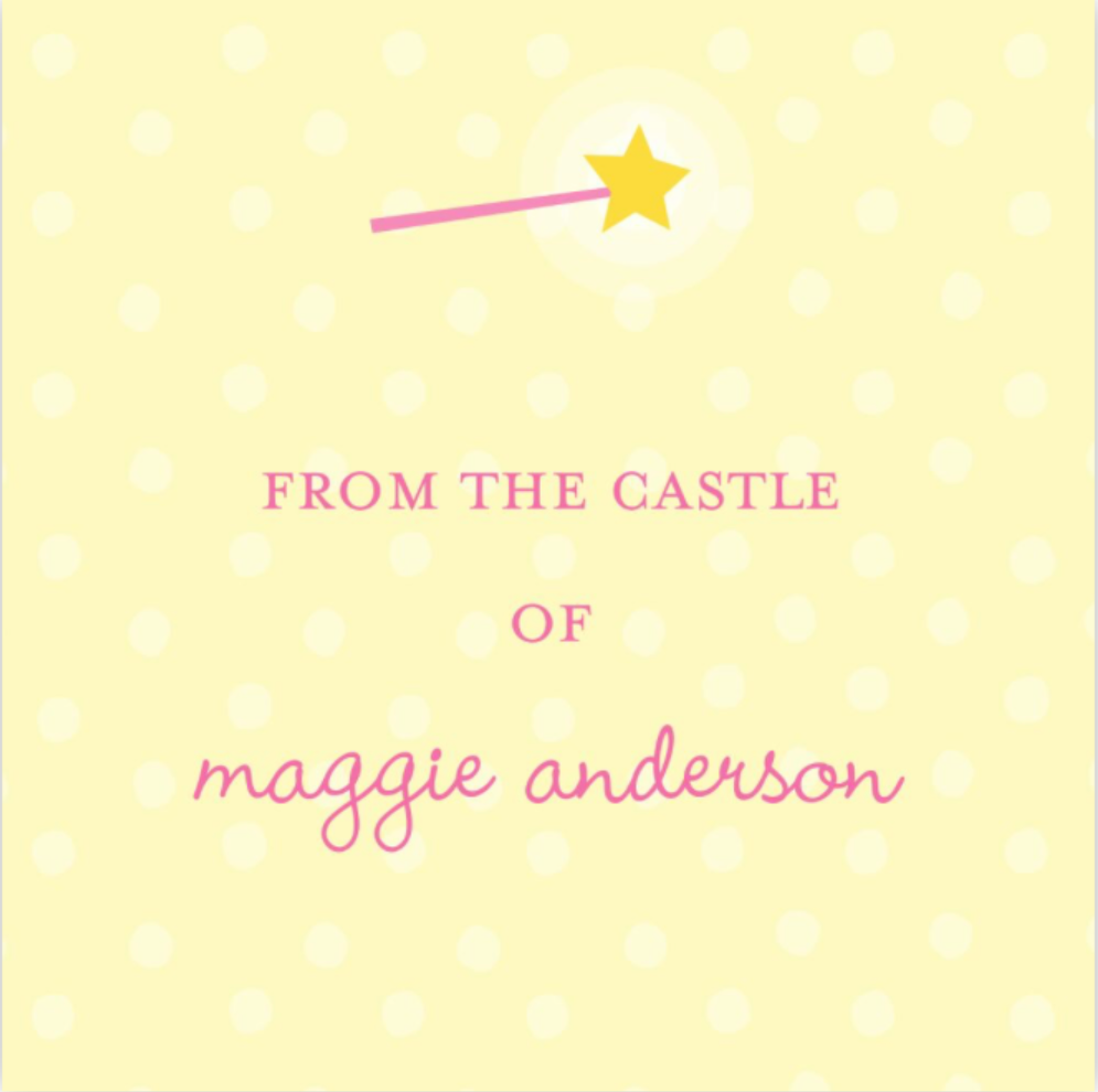 Text 'From the Castle of maggie anderson' on a yellow background with white polka dots and a star.