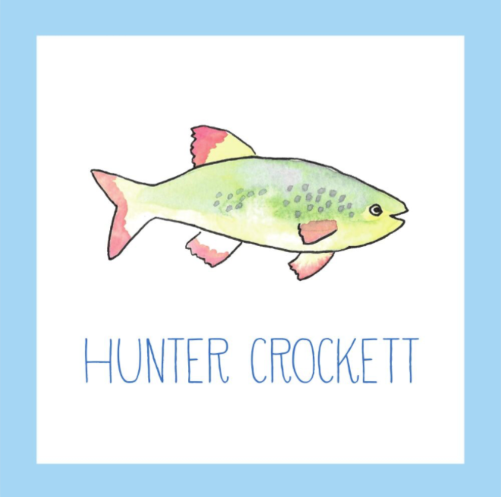 Illustration of a fish with 'Hunter Crockett' text on a light blue background