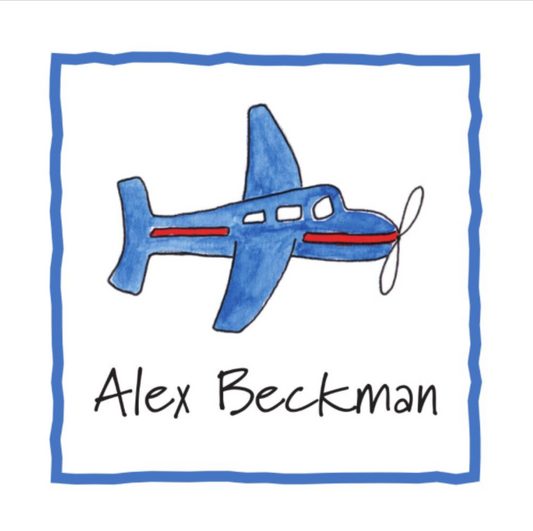 Blue airplane with red stripe and propeller, framed by a blue border with 'Alex Beckman' text below.
