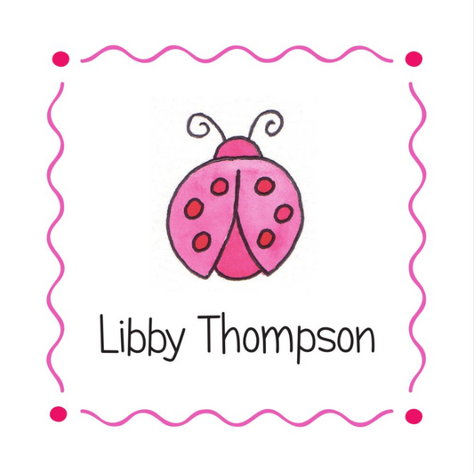 Pink ladybug illustration with a name 'Libby Thompson' on a white background