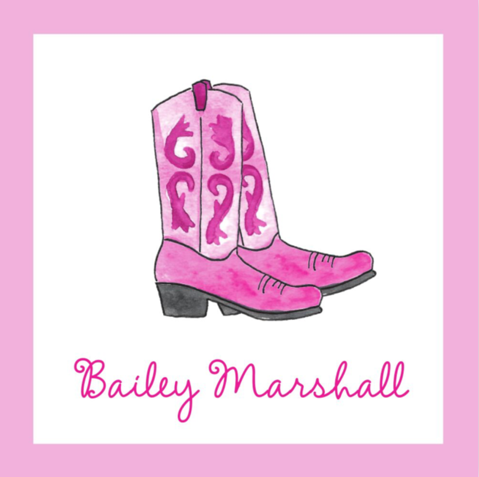 Pink cowboy boots with a pattern and 'Bailey Marshall' text on a pink border