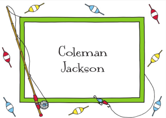 Nameplate with fishing theme featuring a fishing rod and colorful floats on a white background.