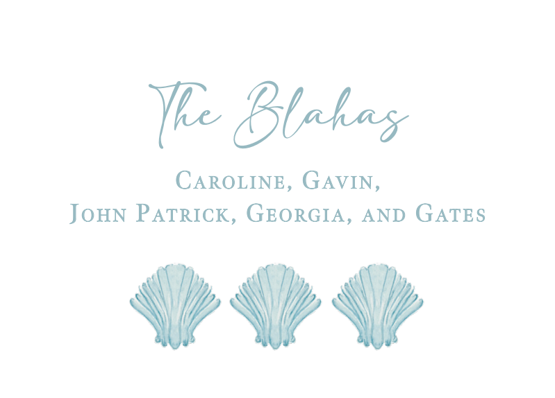 Family name and children's names with decorative shell graphics on a white background