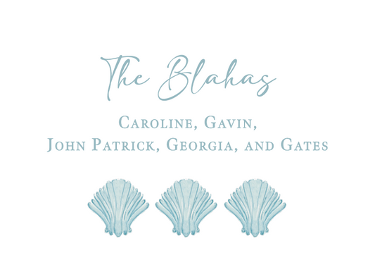 Family name and children's names with decorative shell graphics on a white background