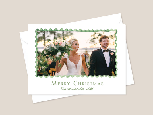 bride and groom holiday card with green wavy border on white cardstock