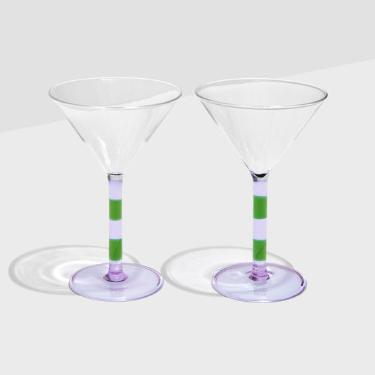 2x STRIPED MARTINI GLASSES - LILAC + GREEN Fazeek