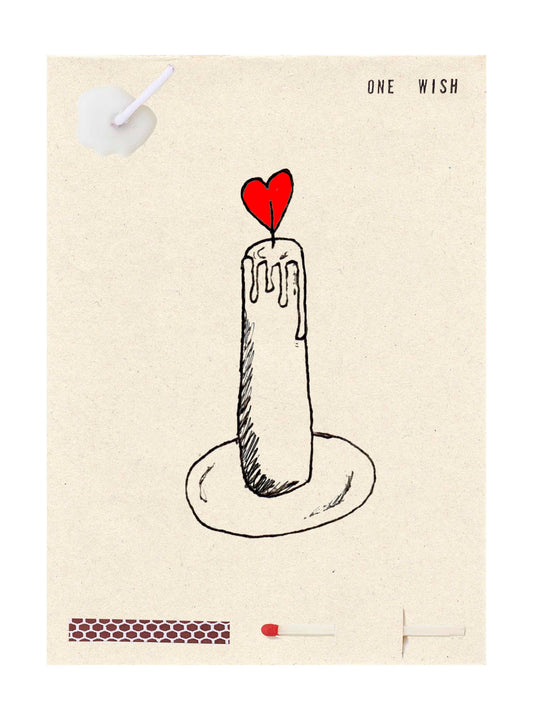Illustration of a candle with a heart on top, labeled 'One Wish', on a beige background.