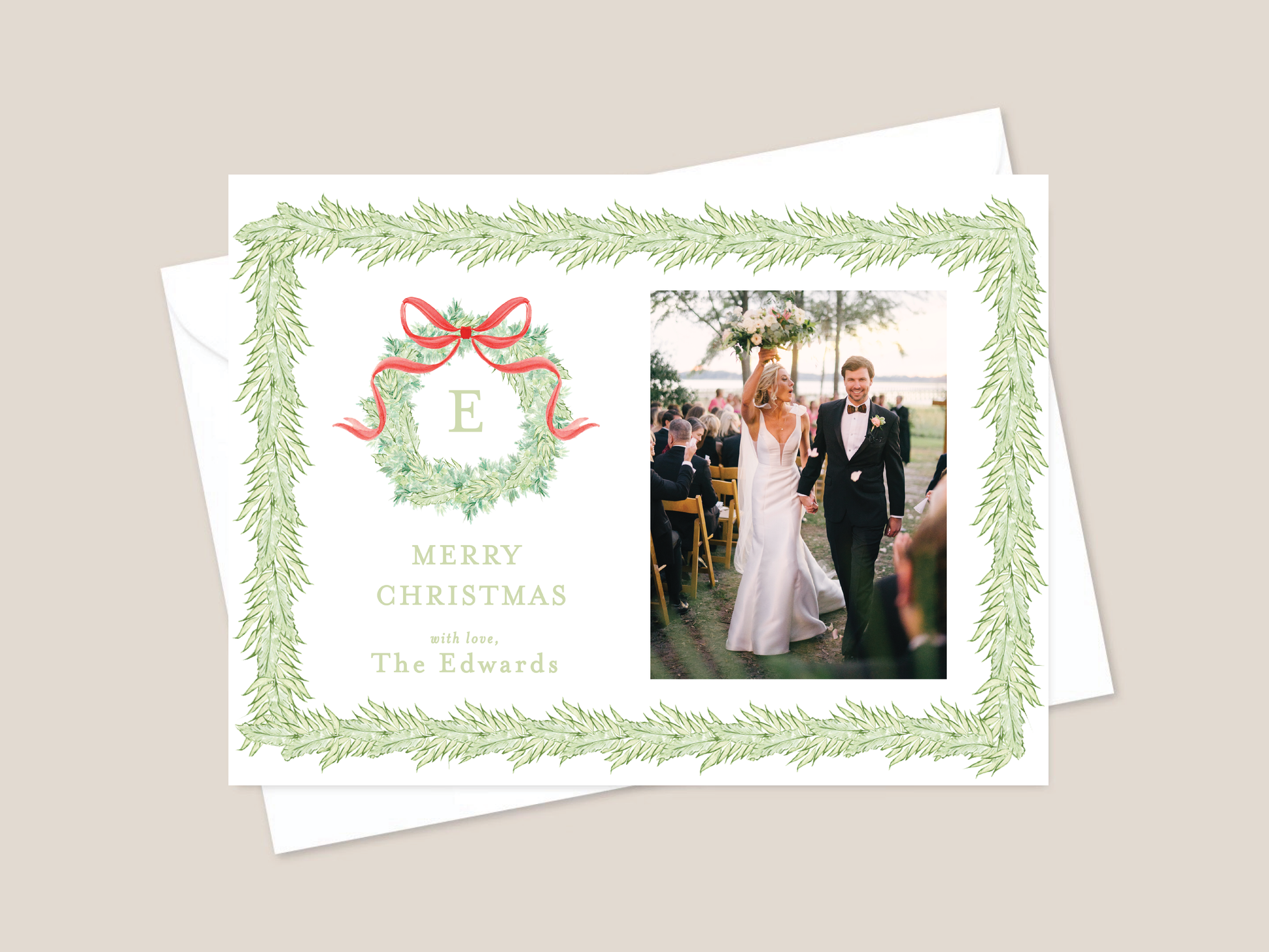 Christmas card with a wreath design featuring a red bow and text, alongside a photo of a couple at their wedding.