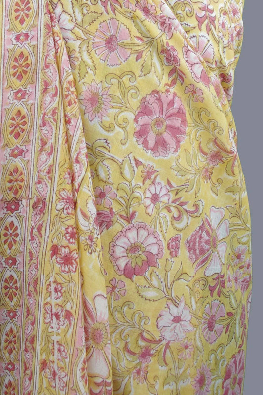 Yellow fabric with pink floral patterns on a gray background