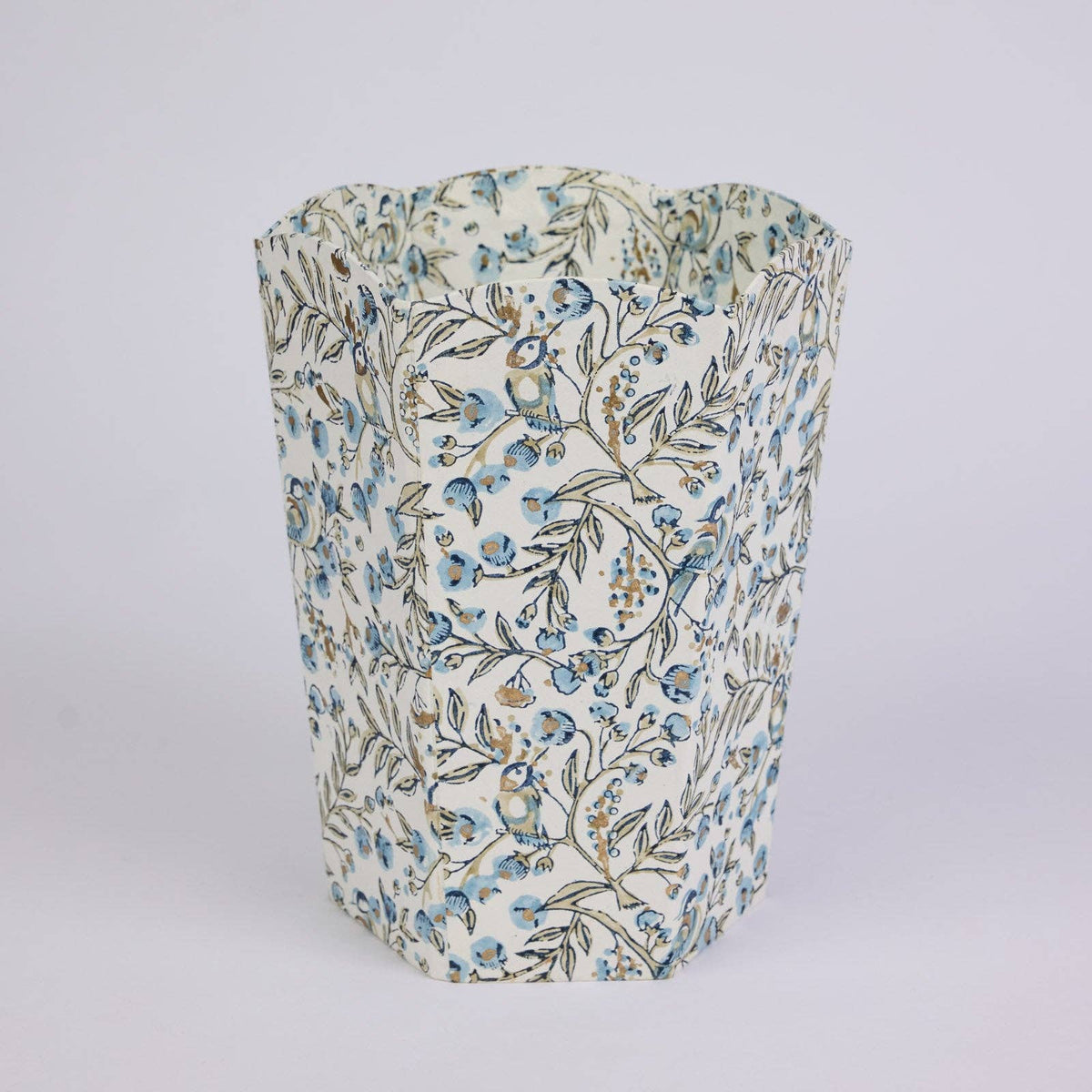 Block Printed Waste Paper Basket - Songbird Blue Stone
