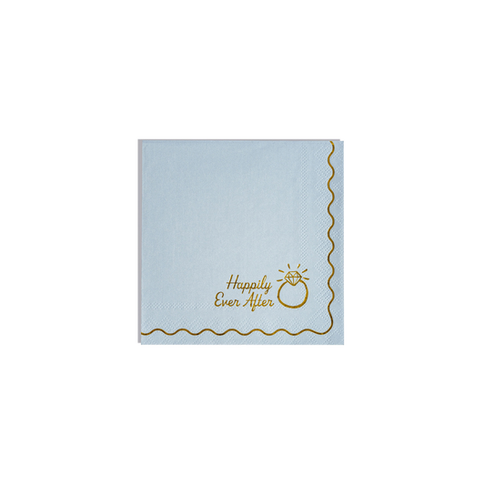 Light blue napkin with 'Happily Ever After' and a ring design in gold on a white background
