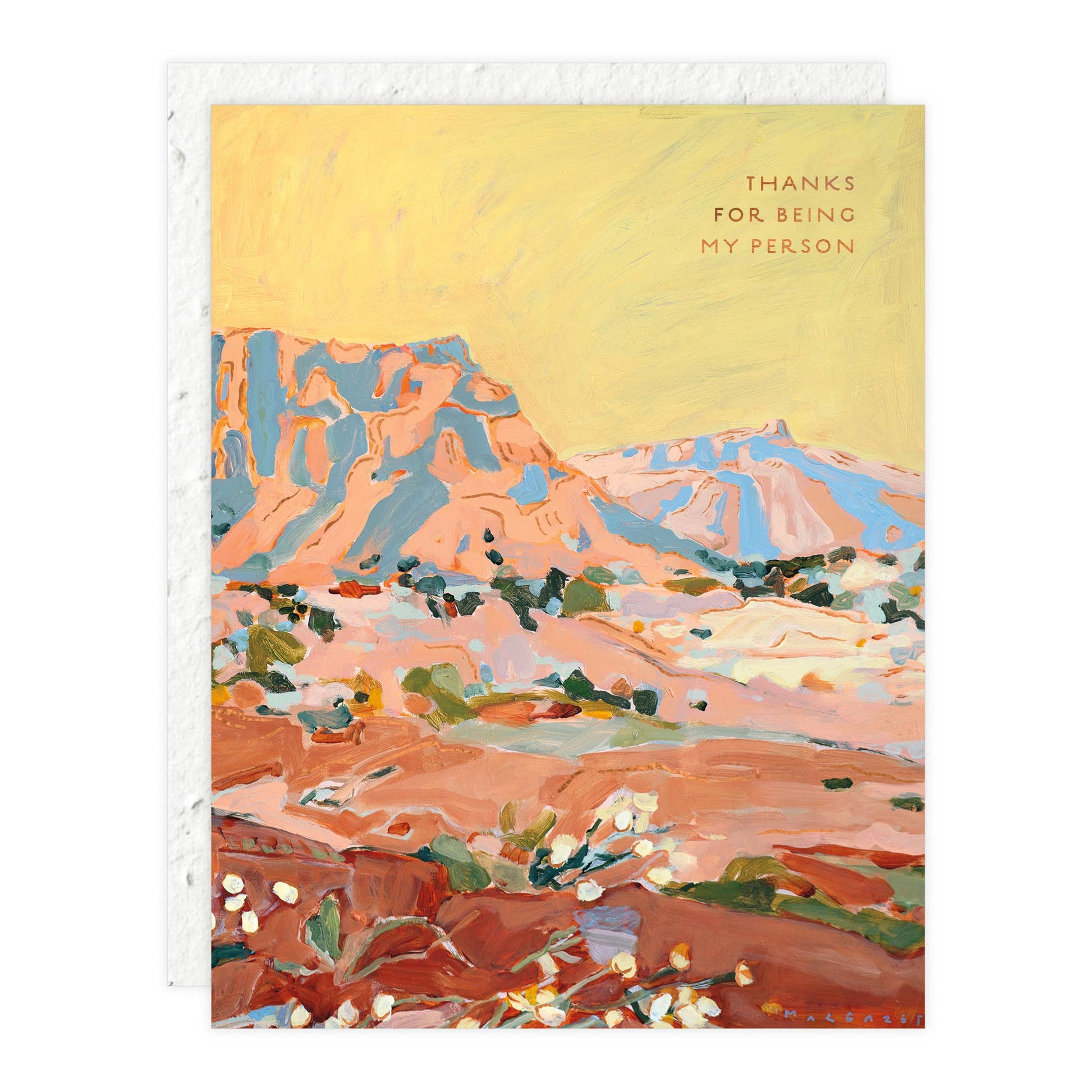 Painted landscape with text 'Thanks for being my person' on a yellow background